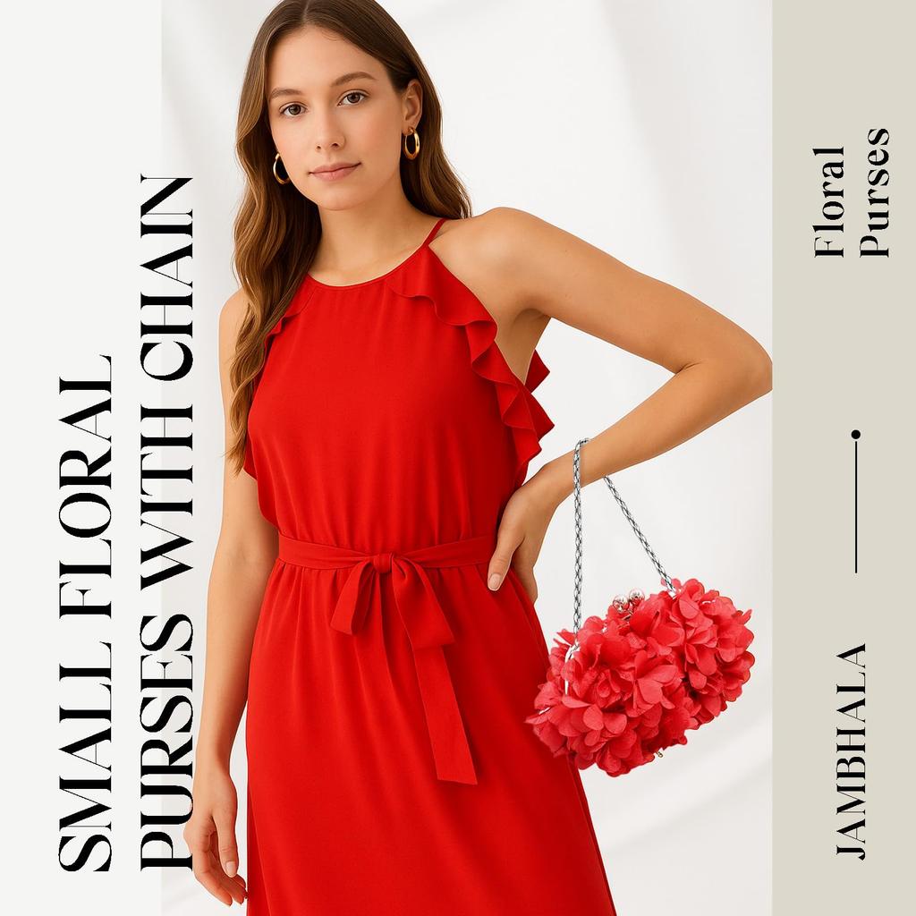 JAMBHALA Elegante Abend Kleine Blumen-Clutch mit Abnehmbarer Kette für und Abschlussbälle Damen Geldbörse, Hochzeiten, Partys, (rot)