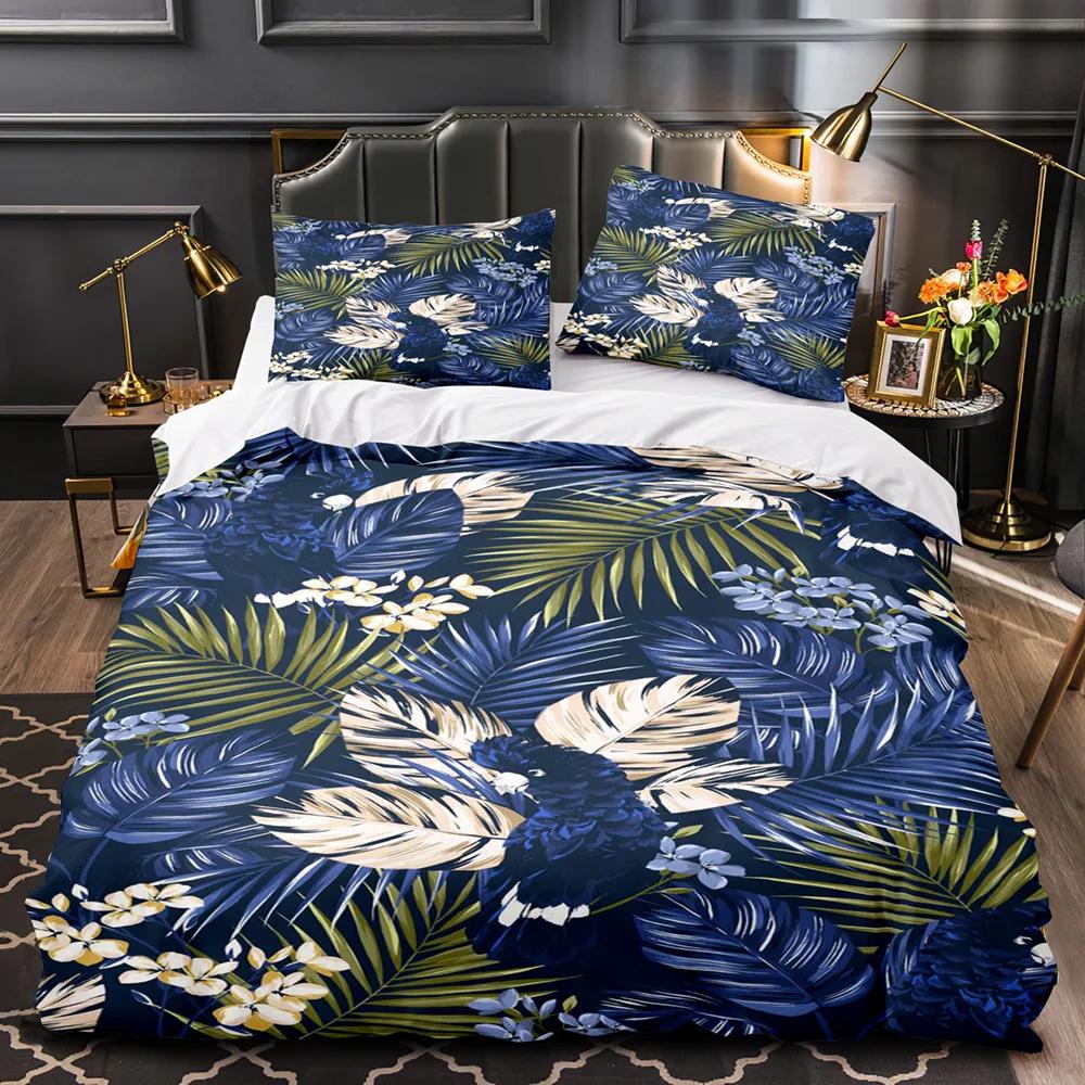 Tropical Plants Floral King Queen Duvet Cover Green Palm Leaves Bedding Set Cream-colored Flowers 2/3pcs Polyester Quilt Cover