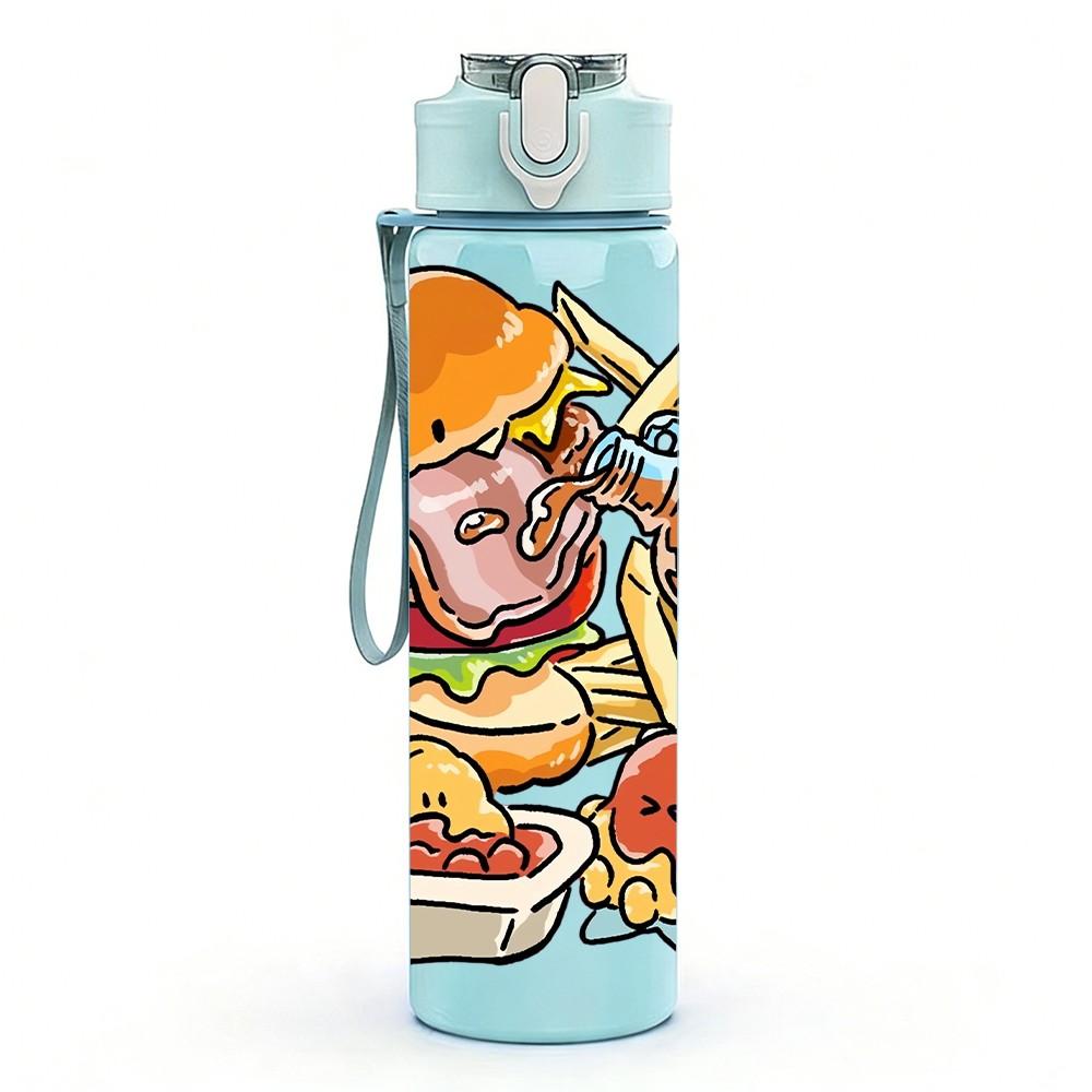 1PC Abundant Delicious Food Plate Print 750ml Color Plastic Sports Water Bottle Leakproof Flip Straw Lid Suitable for Sports Office Home Use