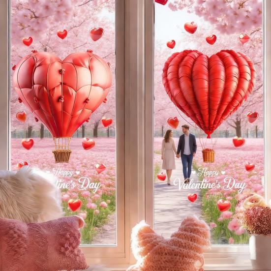 Hot Air Balloon Window Cling Happy Valentine's Day Heart Shape Balloon Static Glass Sticker Waterproof Wedding Holiday Party Window Decoration Decal