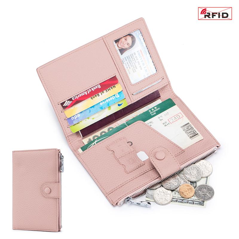 Rfid Multifunctional Travel Passport Wallet Card Holder Women'S Leather Thin Wallet Ticket Cover Holder Zipper Pocket Card Holder