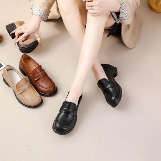 Cowhide Loafers Women's Shoes Genuine Leather Low Top Thick Heel Medium Heel Soft Sole Round Head Comfortable and Versatile Casual Office