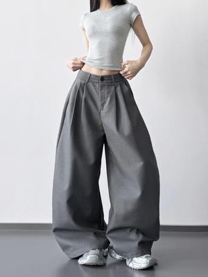 2026 Damen Frühling High-Waist Graue Weitbeinige Anzughose - Locker, Schlankmachend, Lang, Fließend Lässiger Schnitt