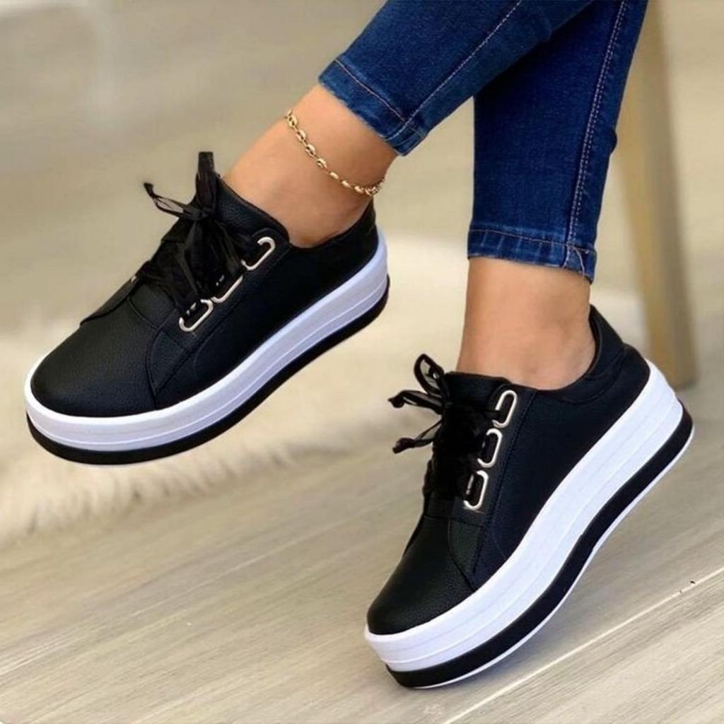 Mulher sapatos casuais tênis para mulher dedo do pé redondo sapatos plataforma rendas até tênis feminino sapatos vulcanizados cor sólida senhoras mocassins