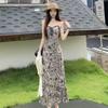 Vintage Printed Lace Patchwork Spaghetti Strap Dress for Women, Summer Slim-fit Vacation Dress, Elegant Waist-cinching Hip-hugging Long Dress