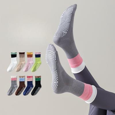 Yoga Casual Socks for Summer, Thin Mesh, Anti-slip, Women's Pilates, Mid-calf, Color-blocked, Rolled-up, Fitness
