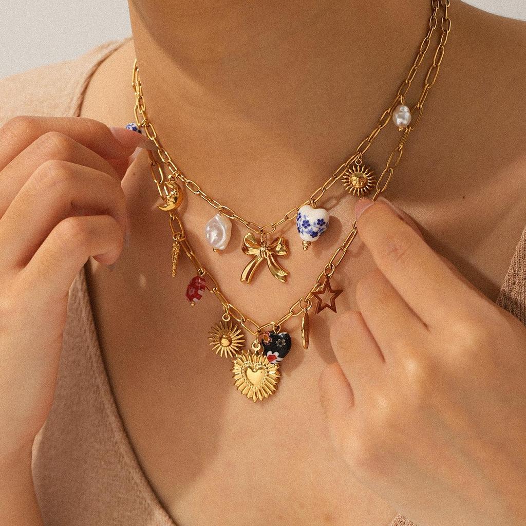 High-End Stainless Steel Sun & Bow Heart Pendant Necklace for Women