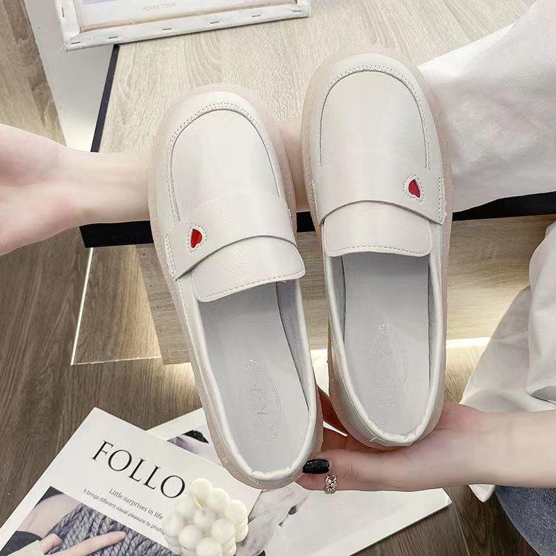 2025 Women's Versatile Soft Sole Flat Nurse Shoes - White Leather for Spring & Autumn
