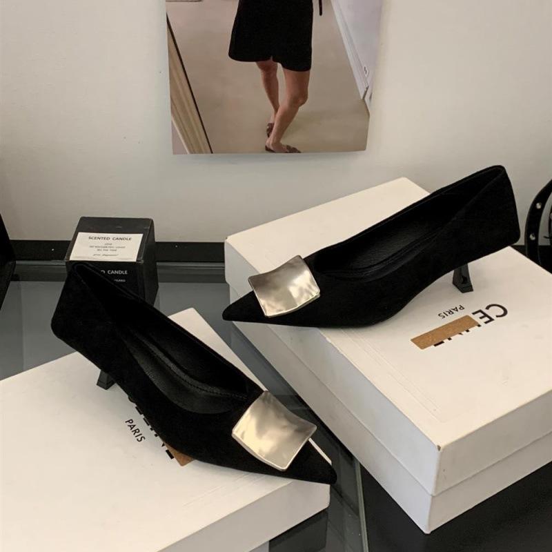 Large size fine heel suede pointed head shallow mouth single shoes women's new metal buckle cat heel temperament versatile evening shoes women