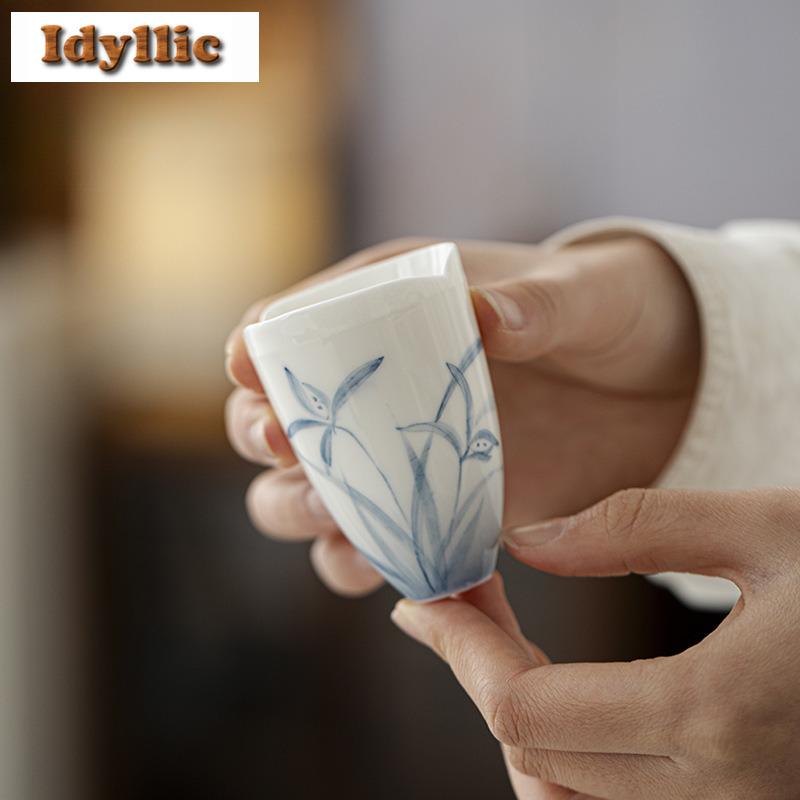 2pc/lot Hand Drawn Orchid Jade Mud Teacup Aesthetic Tea Bowl Tea Pair Tea-tasting Meditation Cup Jianzhan Master Cups Gift 65ml