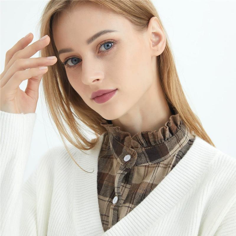 1Pc Fake Collar Leisure Travel Maillard Elegant Checkered Various Tops Shirt Lining Sweater Inner Layer Brown Tones