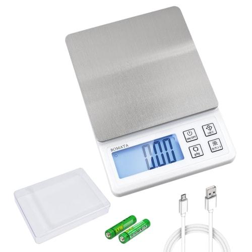 BOMATA Digital Kitchen Scale, 0.01g Increments, Maximum Capacity 600g, USB Rechargeable, Compact, Tare Function, Counting Function, Stainless Steel, f