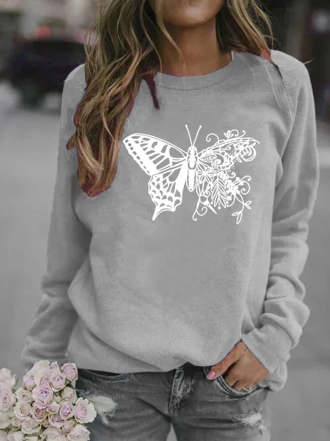 Butterfly Print Women's Long Sleeve Round Neck Hoodie