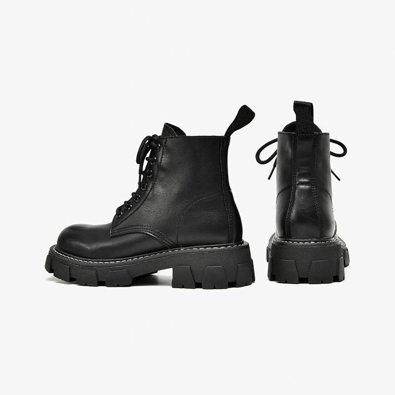 BeauToday Ankle Boots Women Synthetic Leather Round Toe Sewing Lace Up Closure Punk Platform Sole Female Shoes Handmade 04465