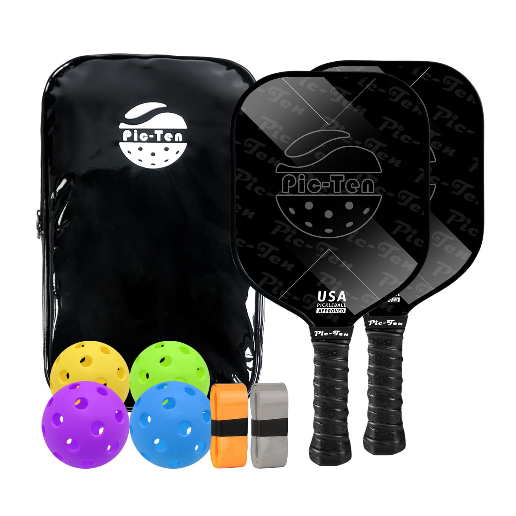 

Набор из 2 ракеток для пиклбола Pic-Ten, одобренная USAPA, поверхность из углеродного волокна, высокопроизводительная, легкая, сотовая структура из полипропилена, нескользящая
