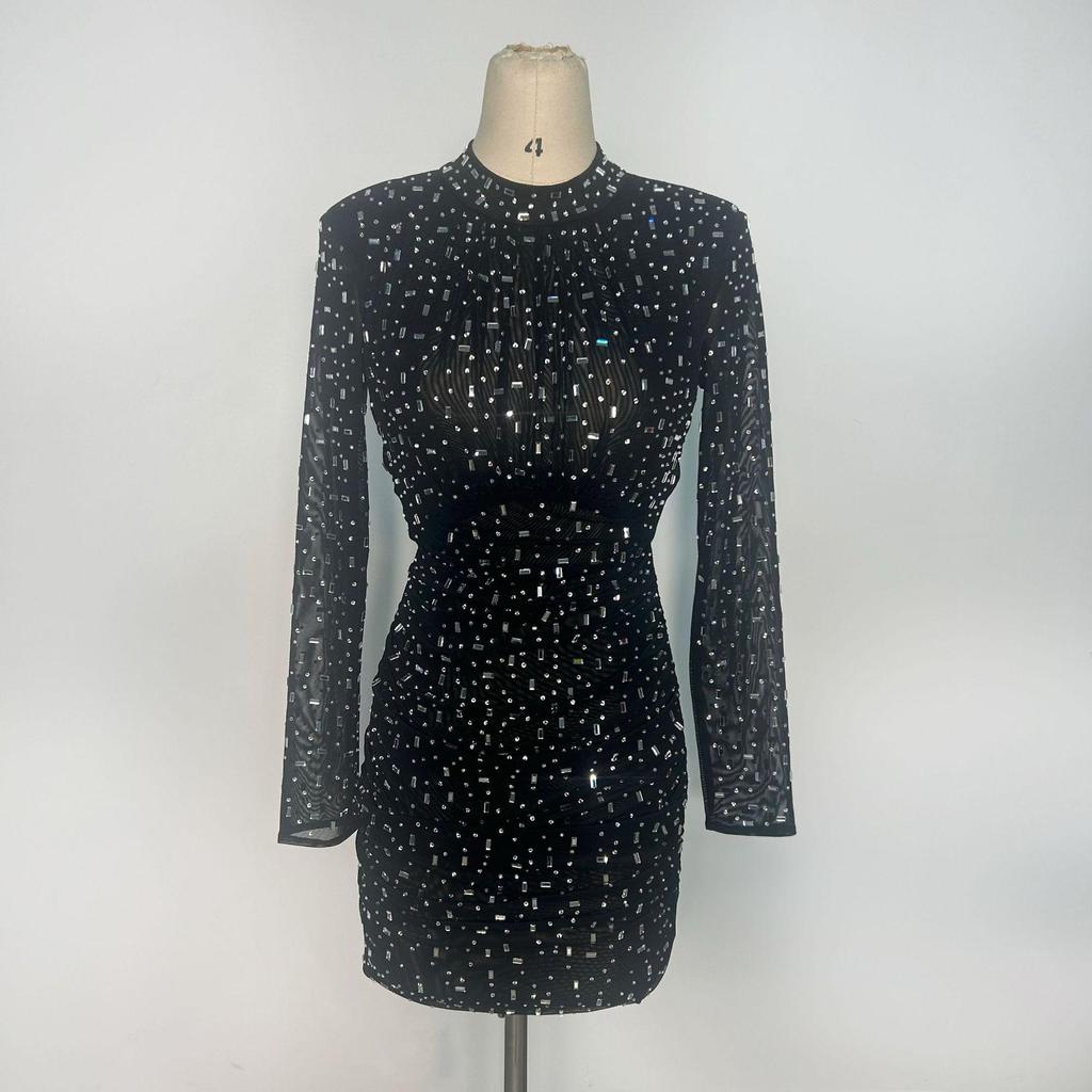 Women's Luxury Mesh Round Neck Long Sleeve Bodycon Dress