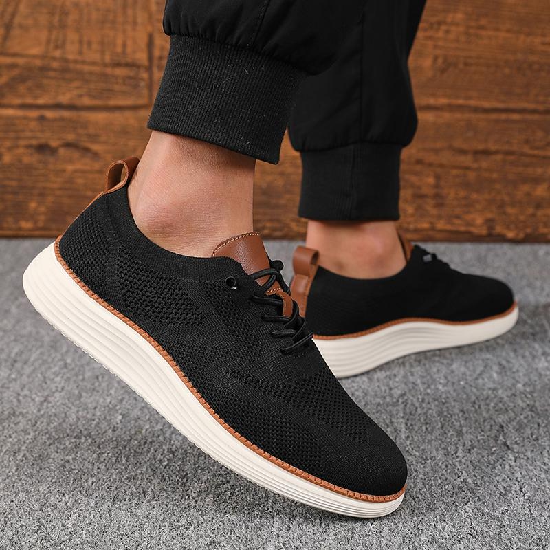 New Men's Classic Walking Shoes Summer Knitted Mesh Breathable Flat Shoes Lightweight Soft Sole Solid Color Lace Up Casual Shoes