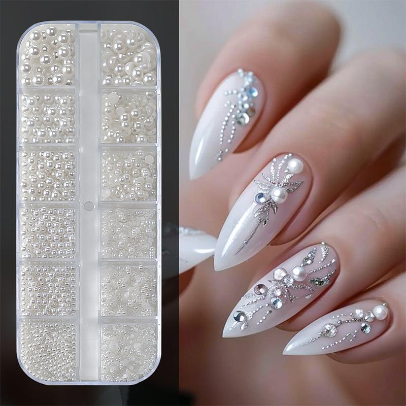 12Grid Shiny Silver Half Round Metal Caviar Bead Nail Rivets Charms Flatback Pearl Balls Nail Art Studs Y2K Decora