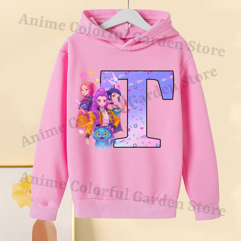 KPop Dämonenjäger Pinke Hoodies für Kinder Cartoon Buchstaben bedrucktes Kapuzensweatshirt Mädchen Herbstmode Hoodie Kinderkleidung