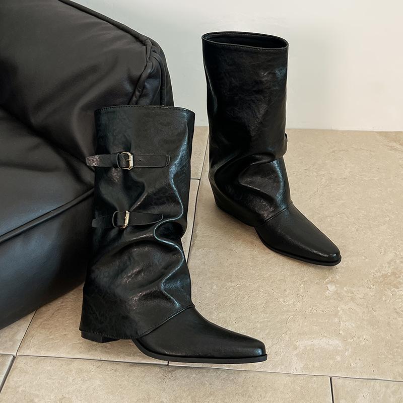 

New Fashion Versatile Pointed Heel Pants Boots Belt Buckle Western Cowboy Boots Medium Boots Martin Boots Tide 35 чорний