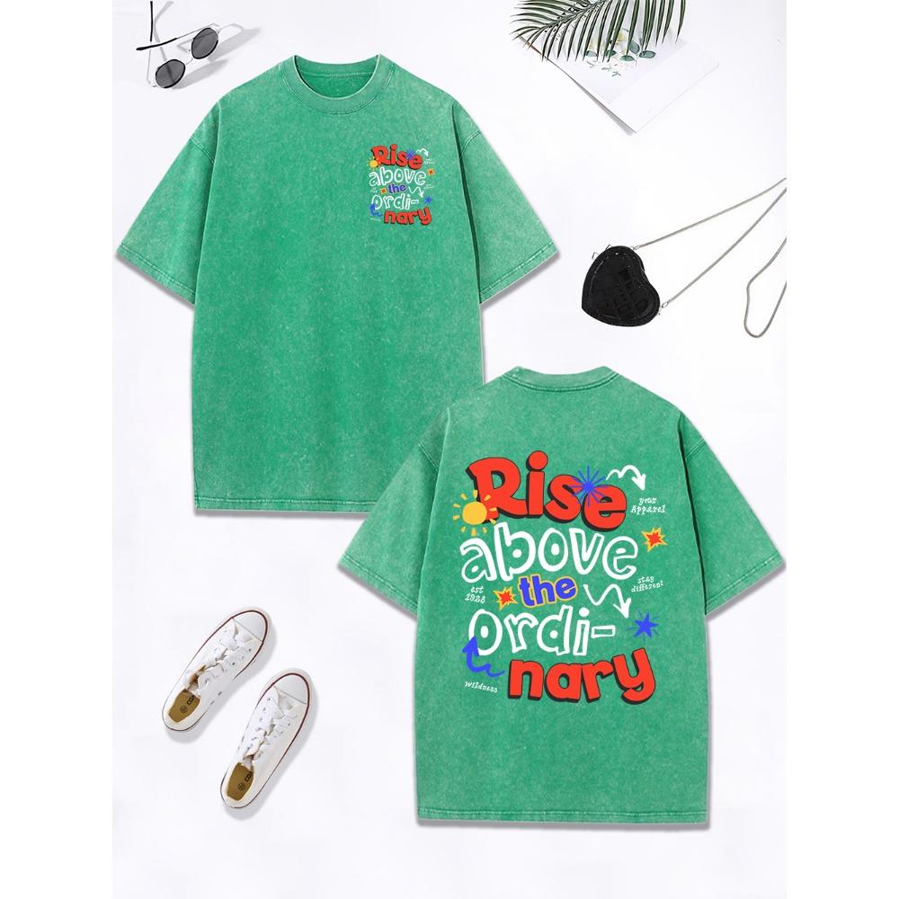 Rise Above The Ordi-Nary Printed Washed T-Shirts Womens Cotton Oversize Tops O-Neck Distressed T Shirt Street Clothes