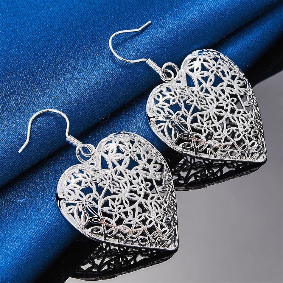 Elegant 925 Sterling Silver Delicate Heart-Shaped Openwork Earrings, Fashionable Women's Wedding Jewelry Accessories