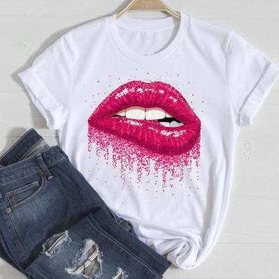 Summer Women's Fashion Printed Lips Pure Cotton Round Neck Loose T-Shirts Women’s