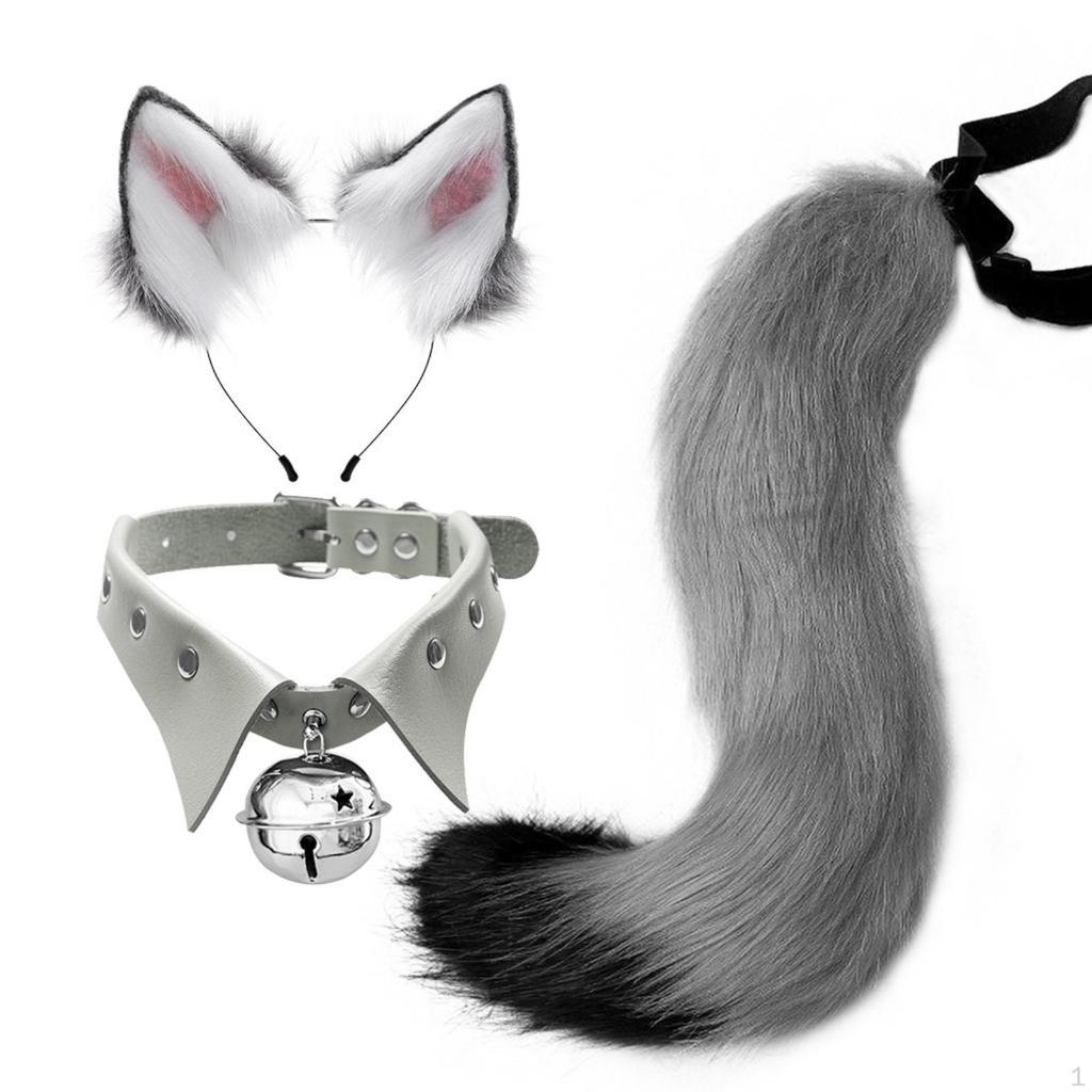 Faux-Faux-Fleece Cat Ears Headband and Tail Bell Collar Set Soft