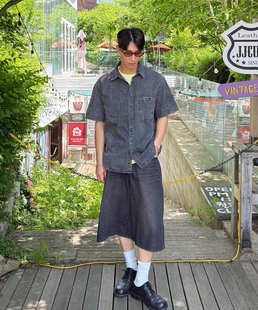 BLOND9 [Set] Pocket Half Denim Shirt + Bermuda Shorts Set