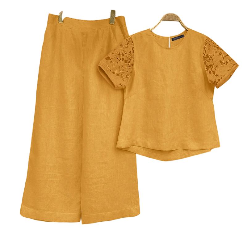 

ZANZEA Женский комплект из футболки с коротким рукавом и брюк, повседневный костюм-двойка 2XL жёлтый