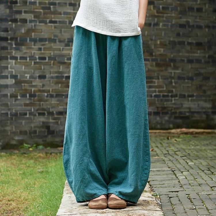 Pantaloni Larghi Vintage da Donna Cotone Lino Vita Elastica Tasche Casual Colore Unico Autunno Johnature