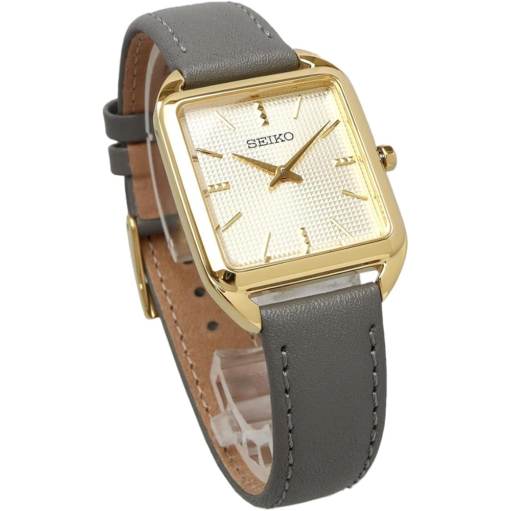 Seiko SWR090P1 Quartz Women's Square Design Watch Gold Gray Leather Band
