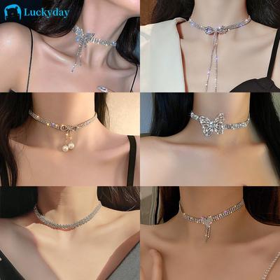 2023 New designedElegant Gold Silver Necklace for Women Butterfly Pearl Bow Pink Zircon Tulip Pendant Choker Fashion Accessories Jewelry