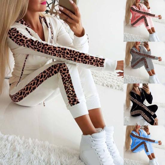 Pantaloni in felpa con cappuccio a maniche lunghe Set in due pezzi con cuciture leopardate con coulisse Completo sportivo Streetwear