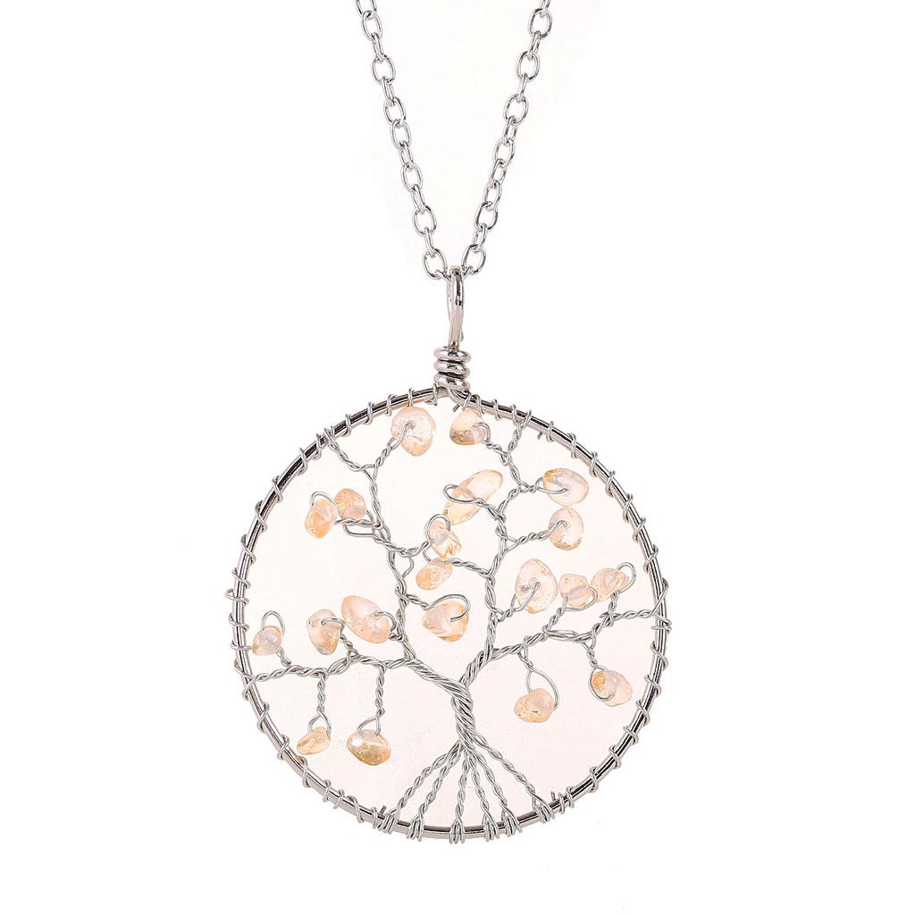 Handmade Wrapped Silver Silk Natural Crystal Gravel Wrapped Tree Of Life Fruit Tree Pendant N94