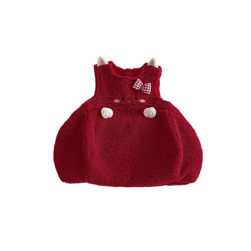 Children Red Festival Dress Girls Warm Quilted Sweater Dress Winter Party Outfit