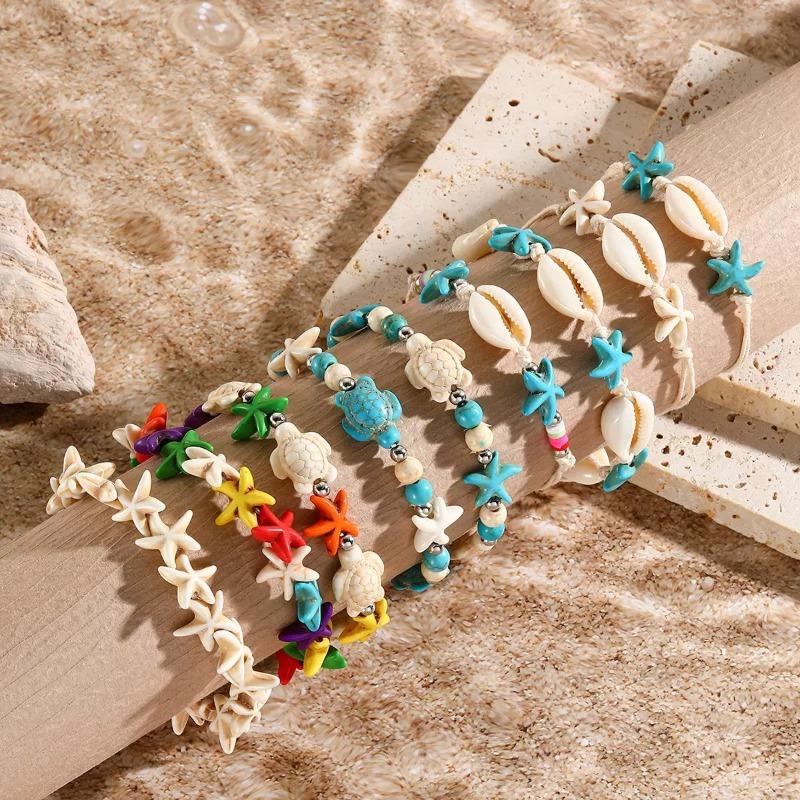 Hot Sale Summer Ocean Wind Jewelry Shells Starfish Turtle Woven Bracelet, Seaside Elastic Beaded Bracelet