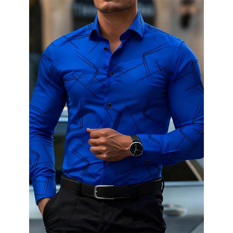 Herren Trendiges geometrisches Linienmuster Langarmhemd Business Casual Mode Design Slim Fit Bügelfrei Vielseitig Ins Style Hemd