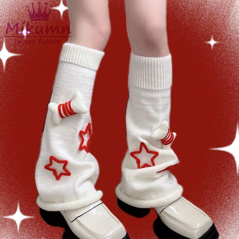 Meias longas Lolita femininas para outono e inverno, aquecedores de perna estilo Harajuku, adoráveis, com pequenos ossos em 3D e estrelas tricotadas, polainas para botas.