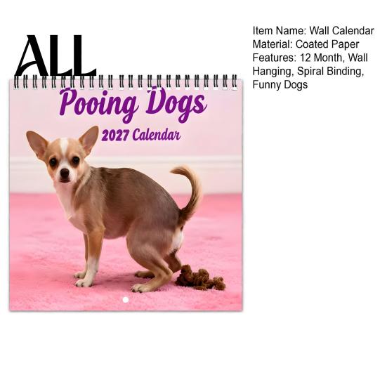 Durable Coil Binding Calendar 2027 Pooping Dogs Square Wall Calendar, Funny Dog Theme 12 Month Hanging Monthly Planner for Home Office, White Elephant
