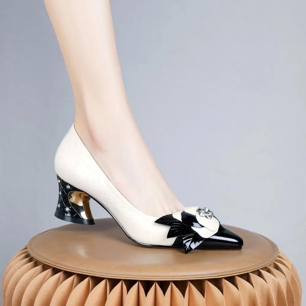 Women Fashion High Quality Patent Leather Spring Slip On Anti Skid Floral High Heel Shoes Lady Party Pumps Ab511