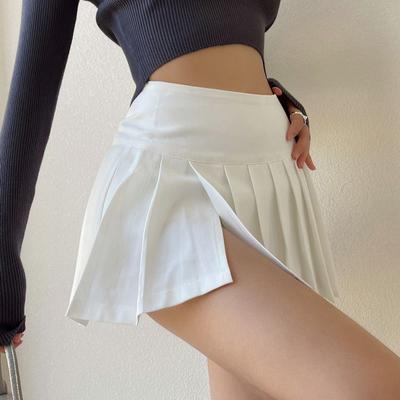 Fashion Slit Women Pleated Skirt Summer High Waist Loose A-line Skirt Sexy Mini Skirt White Jk Korean Girl Dance Skirt White