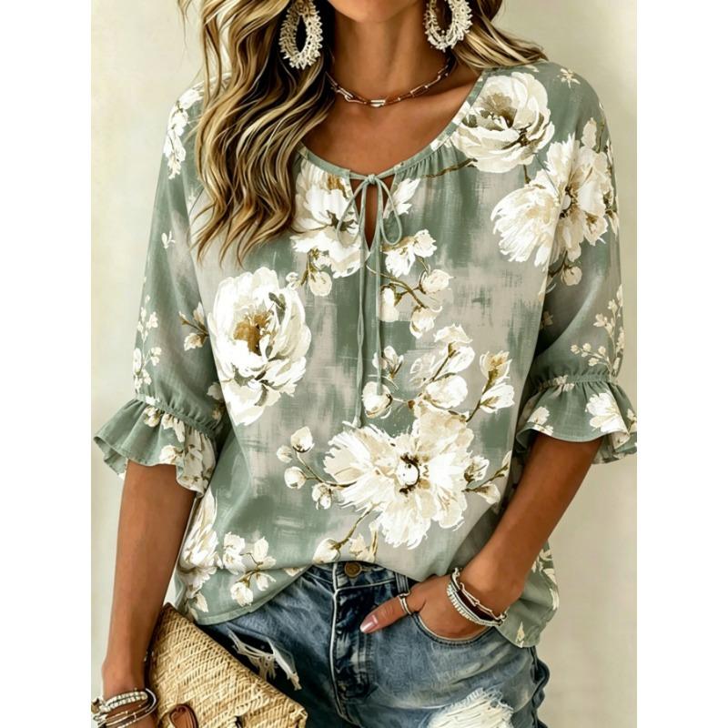 Women's Pink Floral Embroidered Tie Neck Blouse, Casual Loose Tops for Spring Summer Daily Wear & Vacation Occasions
