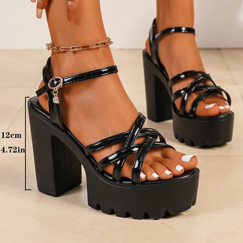 

Босоножки на очень высоком каблуке с перекрестными ремешками, женские, из искусственной ПУ кожи, с ремешком на щиколотке и пряжкой, на массивной платформе, больших размеров, на толстой подошве, обувь гладиатора 43 чёрный