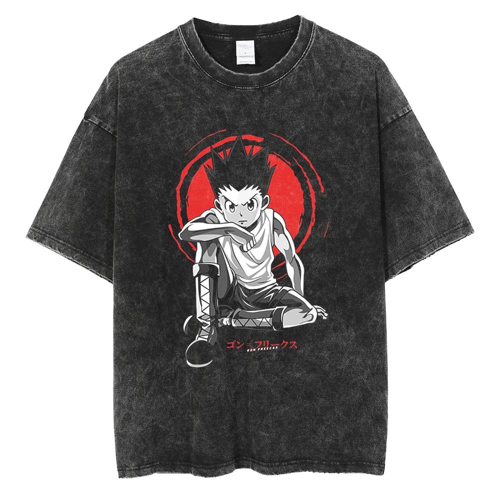 HUNTERHUNTER T Shirt Kurapika Manga Tshirt Men Women Hip Hop Washed Cotton Tshirt Clothing Summer Short Sleeve Tees Streetwear