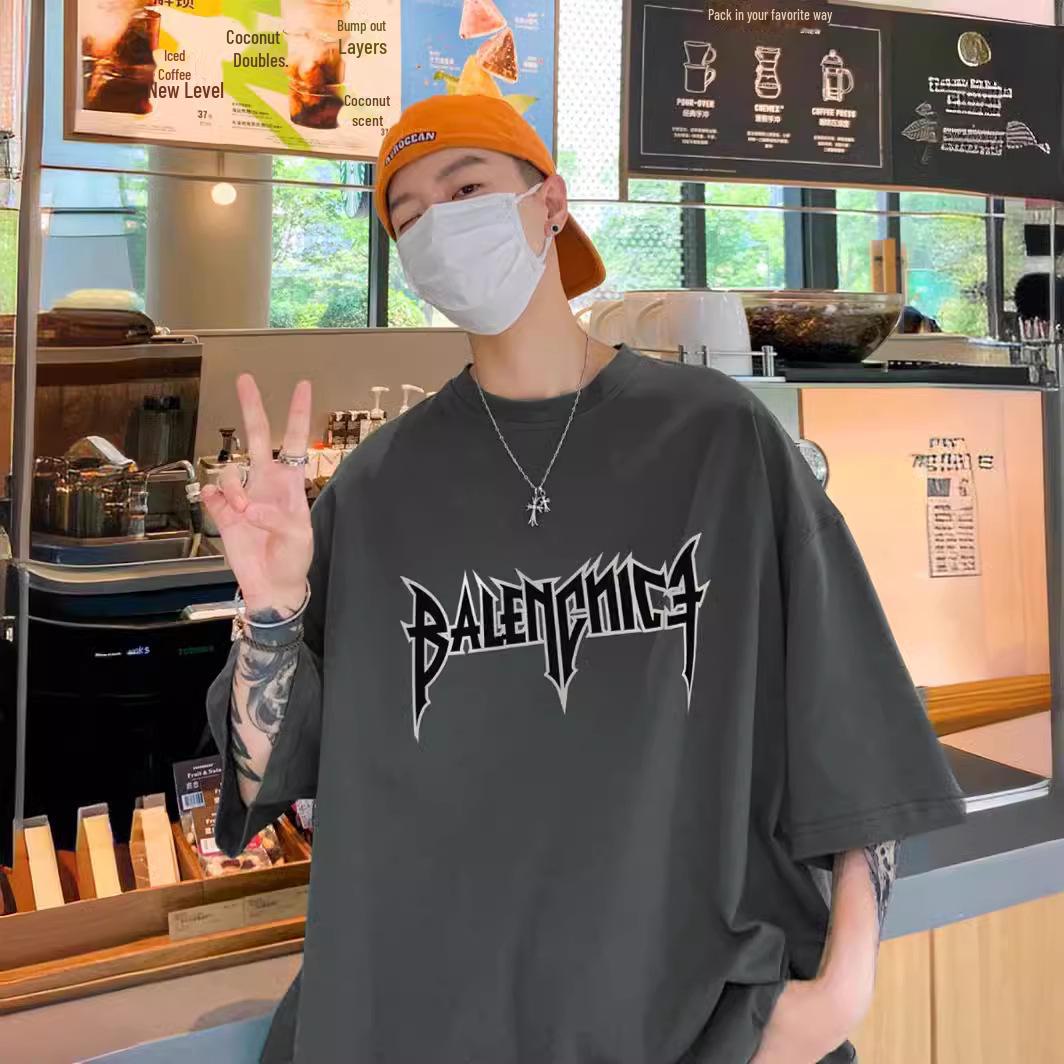 

Мужская летняя футболка с короткими рукавами из хлопка плотностью 240 г с буквенным принтом — модная и свободная L