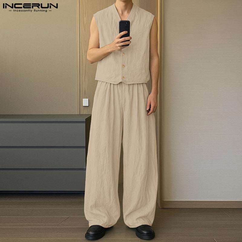 INCERUN Two Pieces Vintage Men Sleeveless Tops Long Pants Sets Outfits