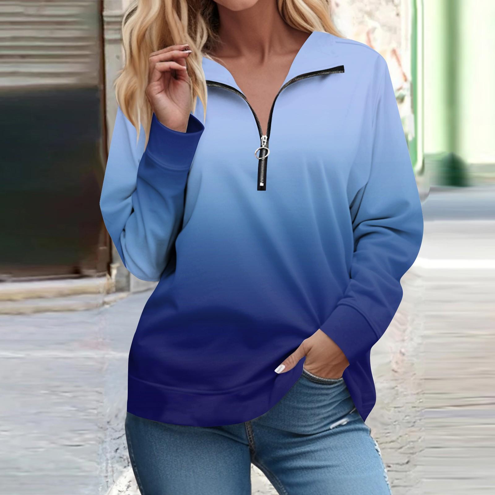 

Жіночі сорочки на блискавці з довгим рукавом Графічні футболки з градієнтним принтом Блузки Повсякденні топи Пуловери XXXL синій