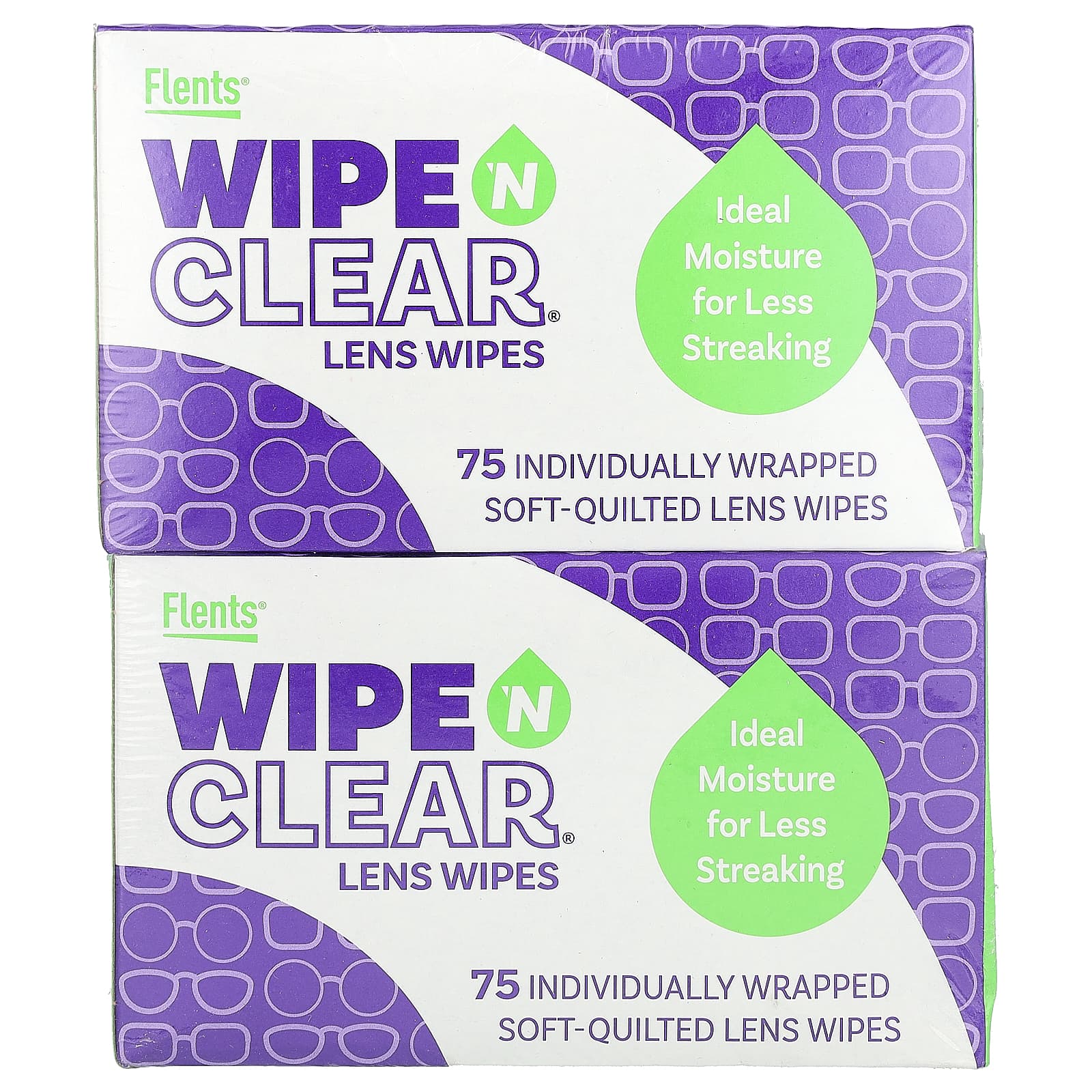 Flents, салфетки для чистки линз Wipe  N Clear, 2 коробки по 75 листов в каждой