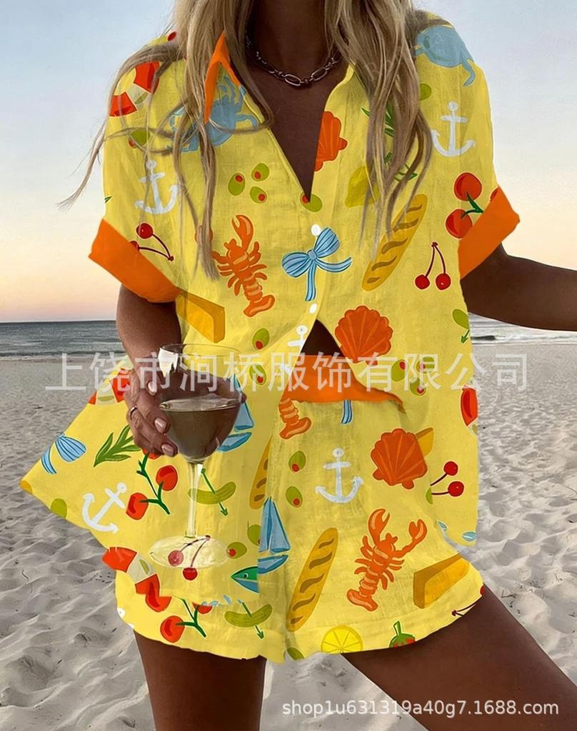Hot Sale Casual Holiday Shirt Set Beach 1D Printed Shirt Shorts Women's Suit Customized-Made